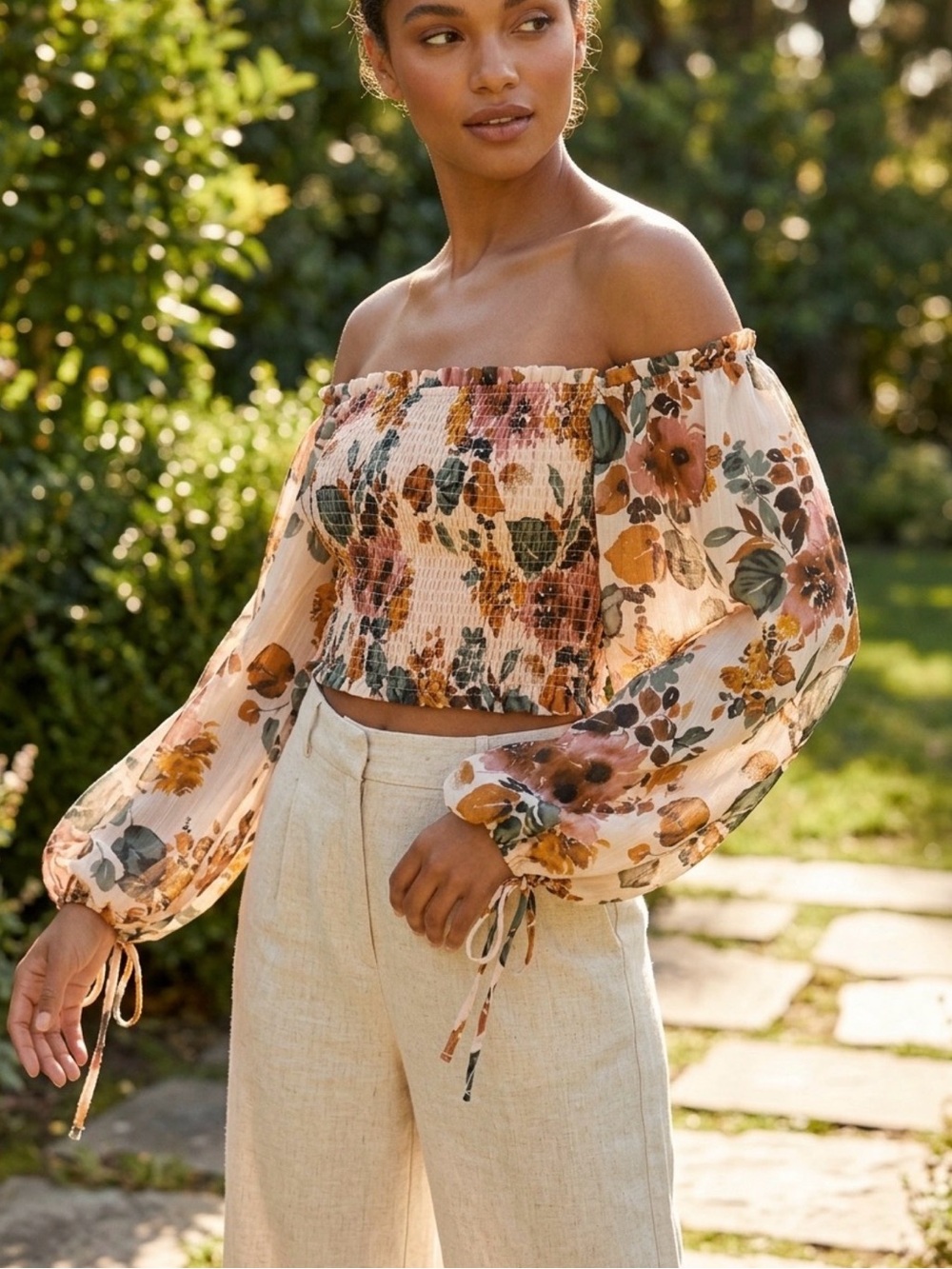 Dynamite Floral Off-Shoulder Smocked Crop Top - Cream, Mustard, Green